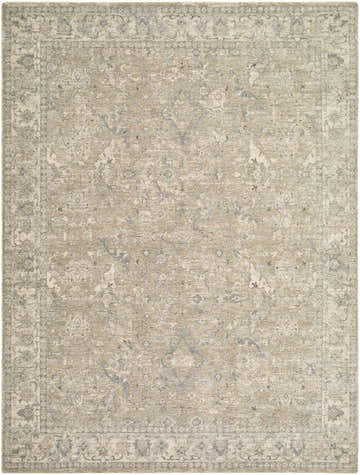 Close-up of the Brynja Cream Area Rug, a traditional, machine-woven rug with cream, sage, and slate blue tones. Design-Rectangle-710102