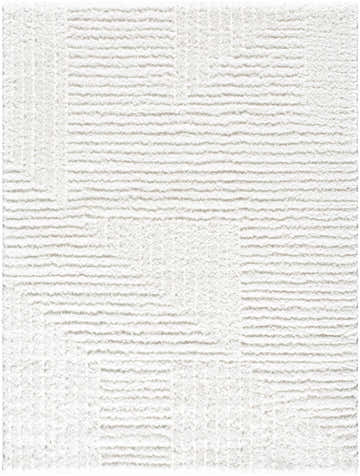 Close-up of the cream and white Bulana Area Rug, a shag rug with a subtle geometric pattern. Design-Rectangle-537