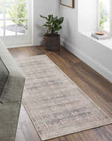 Entryway with Billie Vintage Flat Pile Washable Rug in cream, green, and peach colors on wood floor. Farmhouse style. Roomscene-Runner