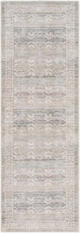 Close-up of Billie Vintage Flat Pile Washable Rug; cream, green, olive, and peach traditional farmhouse design. Design-Runner-27710