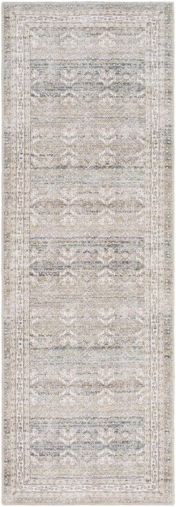 Close-up of Billie Vintage Flat Pile Washable Rug; cream, green, olive, and peach traditional farmhouse design. Design-Runner-27710