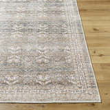 Close-up of Billie Vintage Flat Pile Washable Rug. Cream, green, and peach tones with a traditional, distressed pattern. Front