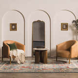 Living room scene with tan chairs and Neola Navy Blue Damask Area Rug in a traditional, bohemian style. Roomscene-Rectangle