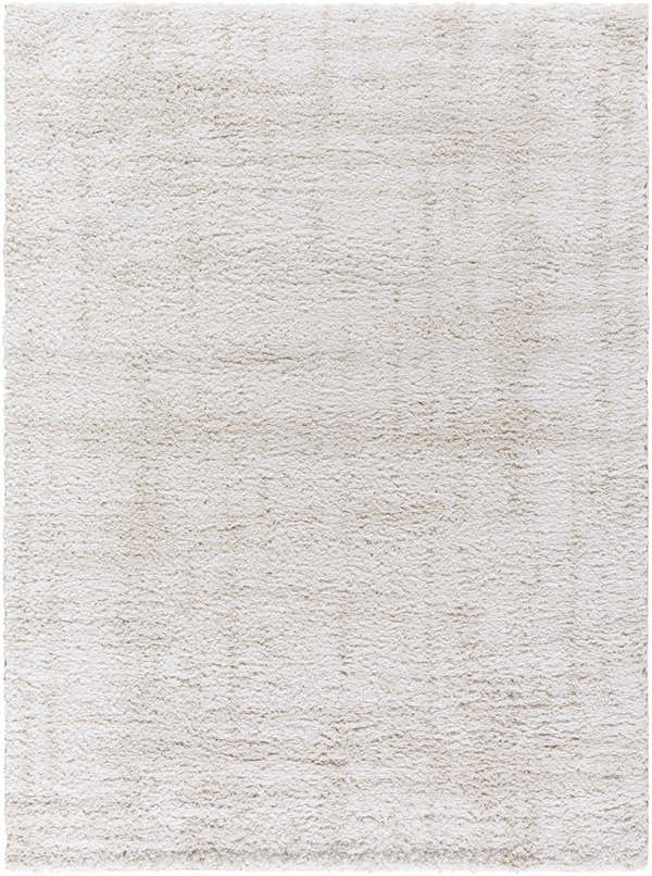 Close-up of the Bianca Area Rug, a soft, textured shag rug in medium gray and white polyester. Design-Rectangle-537