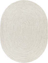Close-up of Beige Braided Faux Jute Rug showing braided texture and neutral bleached jute, brown, and cream colors. Design-Oval-7596