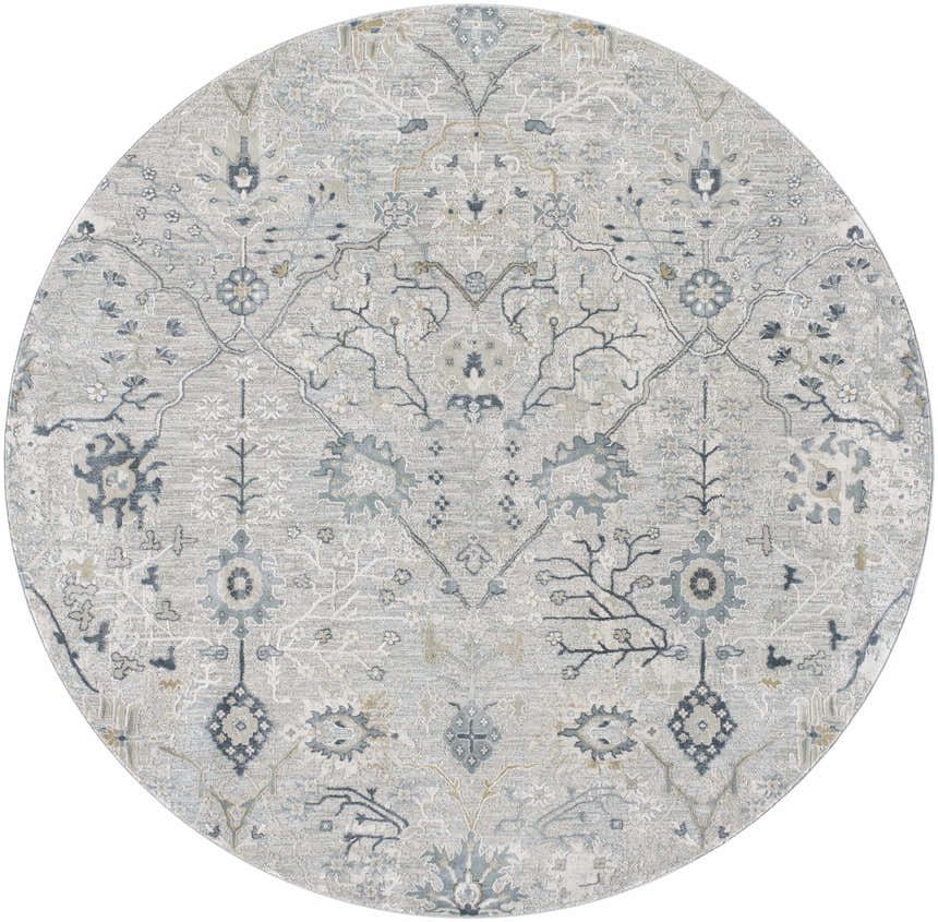 Close-up of round Barkisland Thick Luxe Oushak Rug. Features floral, oriental design in deep teal, sage, and beige tones. Design-Round-67