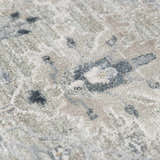 Close-up of the Barkisland Thick Luxe Oushak Rug. Features a traditional floral pattern in light beige, medium gray, and taupe. Texture