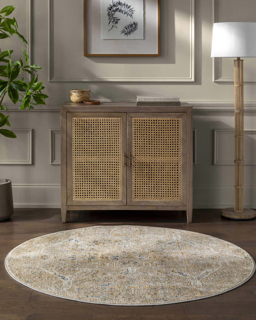 Living room scene with a round Barneyside Luxe Area Rug in cream and light brown, styled with a cabinet and floor lamp. Roomscene-Round