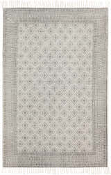 Close-up of the Brushton Area Rug. Hand-woven cotton rug in beige and black with a diamond and floral pattern and fringed edges. Design-Rectangle-576
