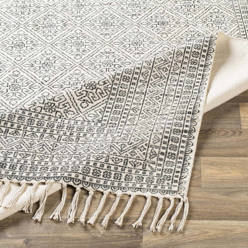 Close-up of the Brushton Area Rug, a beige and black hand-woven cotton rug with a geometric pattern and tassels. Fold
