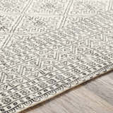 Close-up of the Brushton Area Rug showing its beige and black woven bohemian pattern and texture. Texture