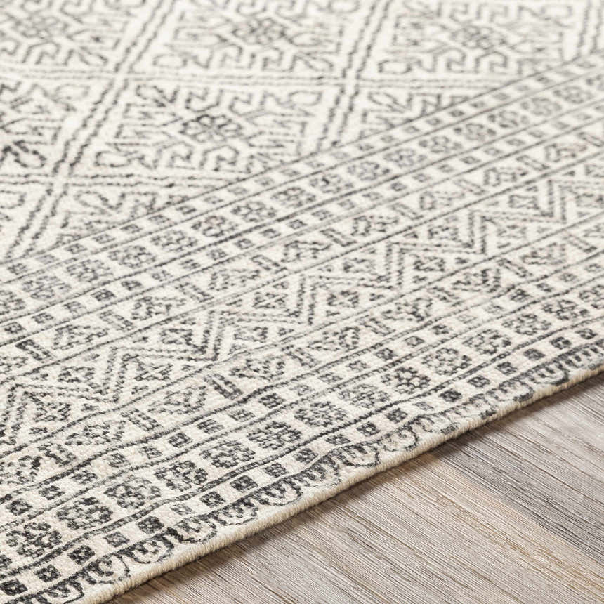Close-up of the Brushton Area Rug showing its beige and black woven bohemian pattern and texture. Texture