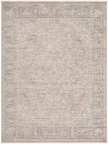 Close-up of Galey Alix Maria Elena III Ivory Vintage Rug. Beige, dark brown, red, and navy traditional rug with a distressed pattern. Design-Rectangle-537