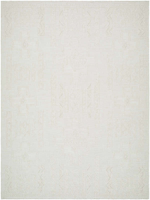 Close-up of the Branko Area Rug, light silver with a subtle geometric pattern and woven texture. Design-Rectangle-537