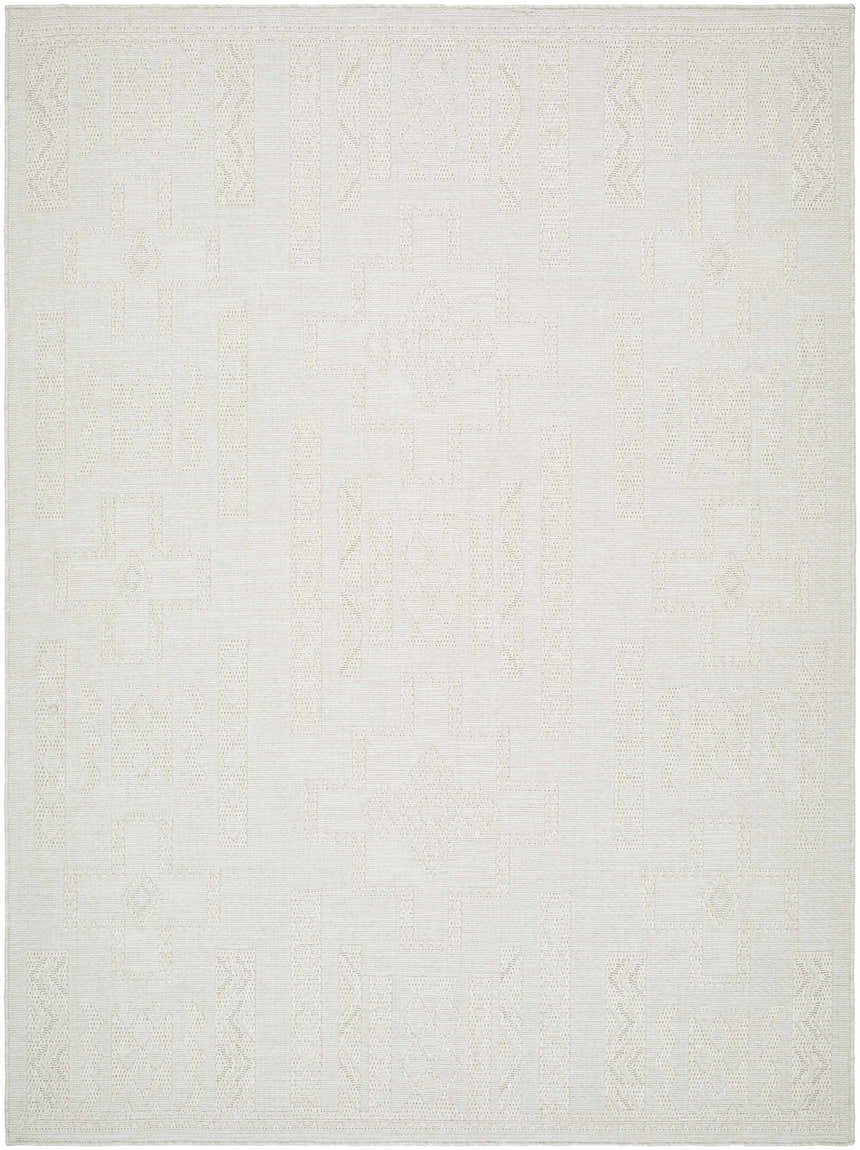 Close-up of the Branko Area Rug, light silver with a subtle geometric pattern and woven texture. Design-Rectangle-537