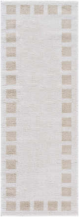 Close-up of the Beynon Beige Washable Area Rug, a contemporary runner with beige squares bordering a soft beige center. Design-Runner-2773