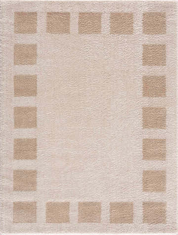 Close-up of the Beynon Beige Washable Area Rug, featuring a contemporary square pattern in beige and peach tones. Design-Rectangle-537