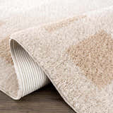 Close-up of the Beynon Beige Washable Area Rug showing its soft, plush texture and subtle beige and peach pattern. Fold