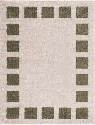 Close-up of the Beynon Green Washable Area Rug. Features a lime green square border on a soft peach textured background. Design-Rectangle-537