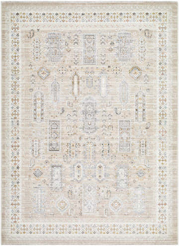 Close-up of Fugia Beige Persian rug. Machine woven polypropylene rug with traditional beige, gray, and gold patterns. Design-Rectangle-537
