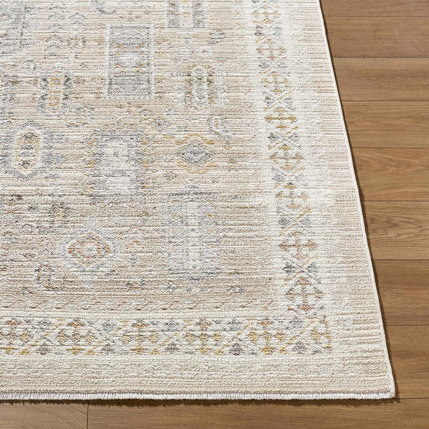 Close-up of Fugia Beige Persian rug showing traditional pattern and texture on hardwood floor. Front