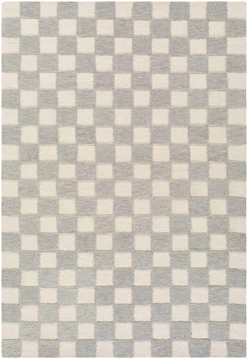 Close-up of the Amparo Medium Gray Area Rug, a hand-tufted wool rug with an ivory and gray checkerboard pattern. Design-Rectangle-576