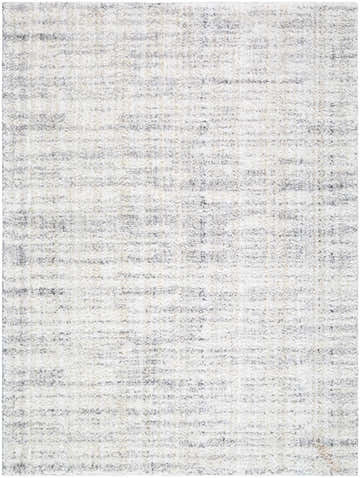 Close-up of the Yidia White rug. Off-white polyester with subtle black and light gray horizontal striations. Machine woven texture. Design-Rectangle-537