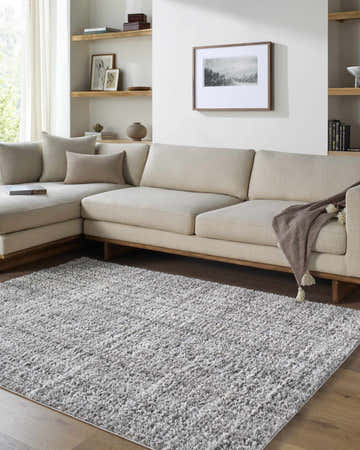 Living room with a beige sectional and Reyoa Light Gray rug, creating a cozy, transitional space. Roomscene-Rectangle