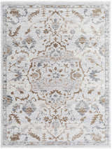 Close-up of the Aldona Area Rug featuring a traditional floral pattern in charcoal, ivory, slate gray, and taupe. Design-Rectangle-57