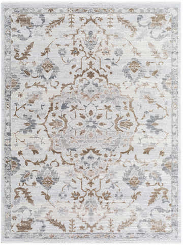 Close-up of the Aldona Area Rug featuring a traditional floral pattern in charcoal, ivory, slate gray, and taupe. Design-Rectangle-57