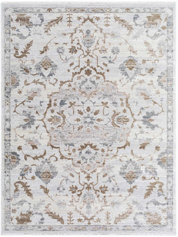 Close-up of the Aldona Area Rug featuring a traditional floral pattern in charcoal, ivory, slate gray, and taupe. Design-Rectangle-57