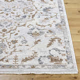 Close-up of the Aldona Area Rug showing its farmhouse design, charcoal, ivory, slate gray, and taupe colors. Front
