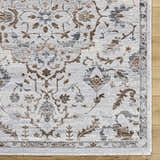 Close-up of the Aldona Area Rug, a machine-woven design in charcoal, ivory, slate gray, and taupe polyester. Farmhouse style. Swatch