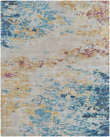 Close-up of Bualan Stone Pattern Wool Blend Rug showing aqua, blue, yellow, and burgundy abstract design. Design-Rectangle-810