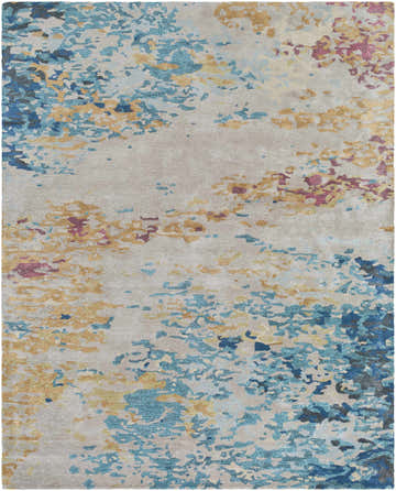 Close-up of Bualan Stone Pattern Wool Blend Rug showing aqua, blue, yellow, and burgundy abstract design. Design-Rectangle-810