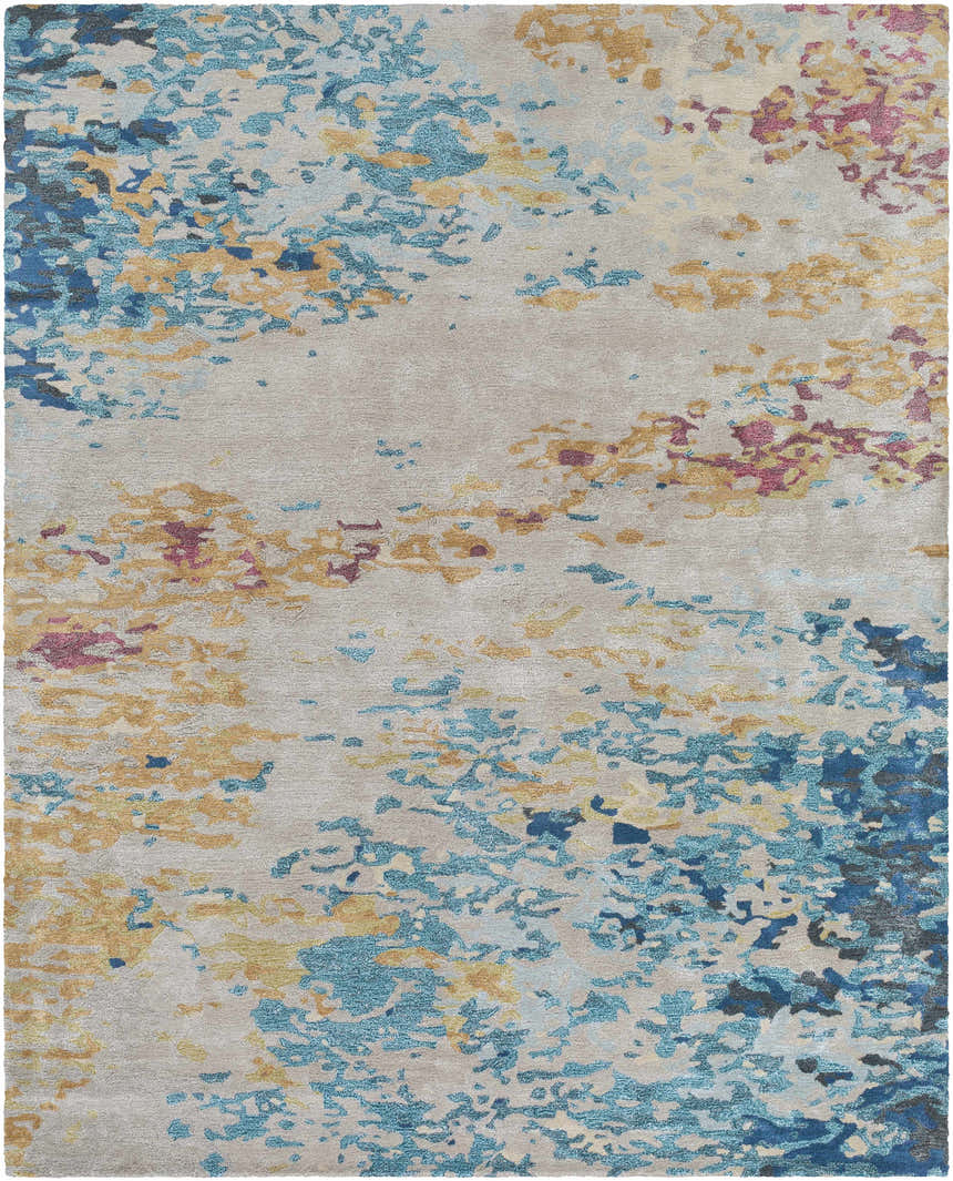 Close-up of Bualan Stone Pattern Wool Blend Rug showing aqua, blue, yellow, and burgundy abstract design. Design-Rectangle-810