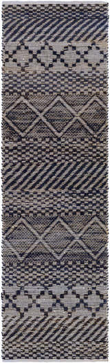 Close-up of the Bunclody Jute Carpet. Light beige rug with navy geometric patterns and hand woven texture. Design-Runner-268