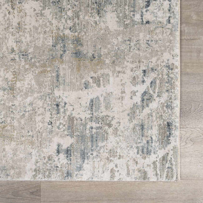 Close-up of the Burstwick Thick Luxe Boutique Rug. Abstract pattern in dusty sage, navy, olive, pale blue, and taupe. Swatch