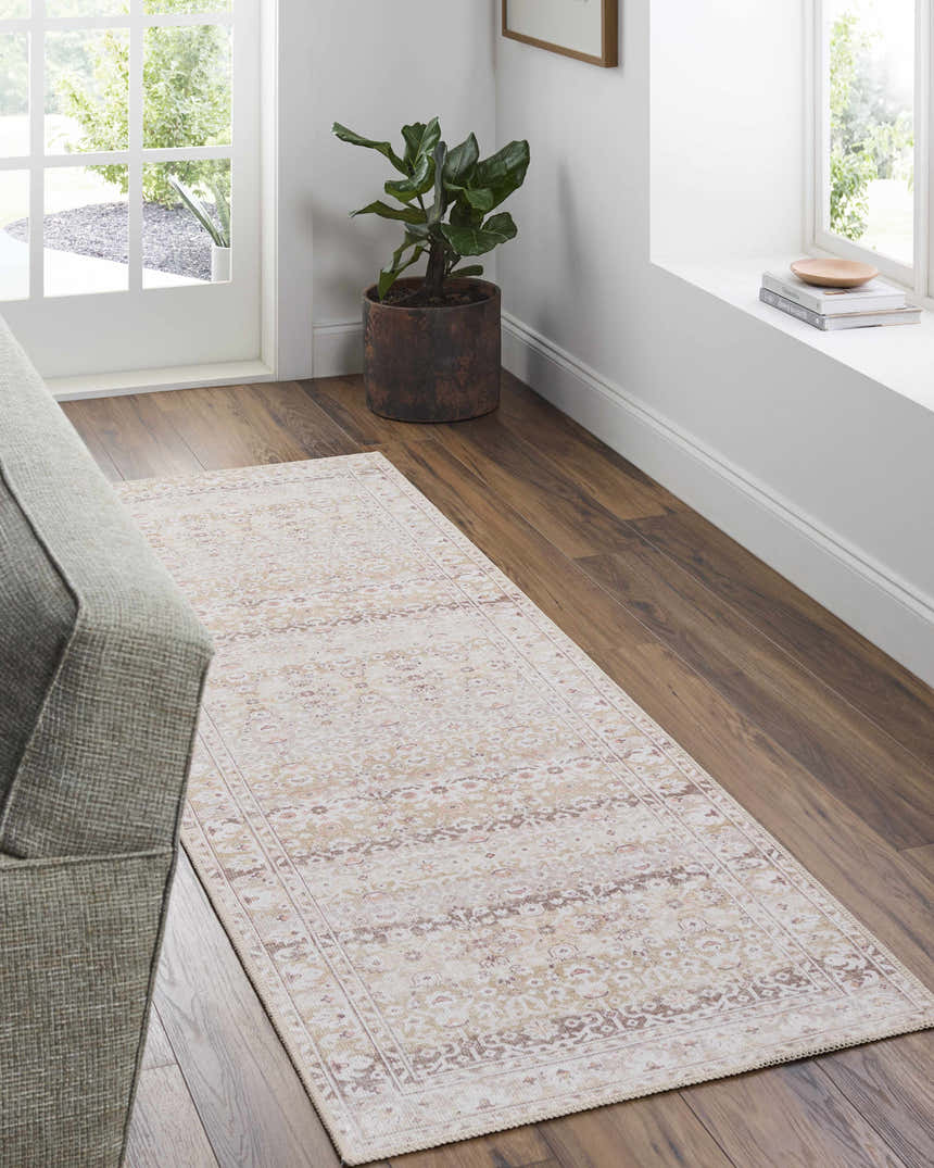 Entryway with Bienna Vintage Flat Pile Washable Rug in camel, cream, and brown. Farmhouse style runner rug on wood floor. Roomscene-Runner