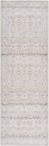 Close-up of Bienna Vintage Flat Pile Washable Rug. Camel, cream, brown, and peach tones with a traditional, detailed pattern. Design-Runner-27710