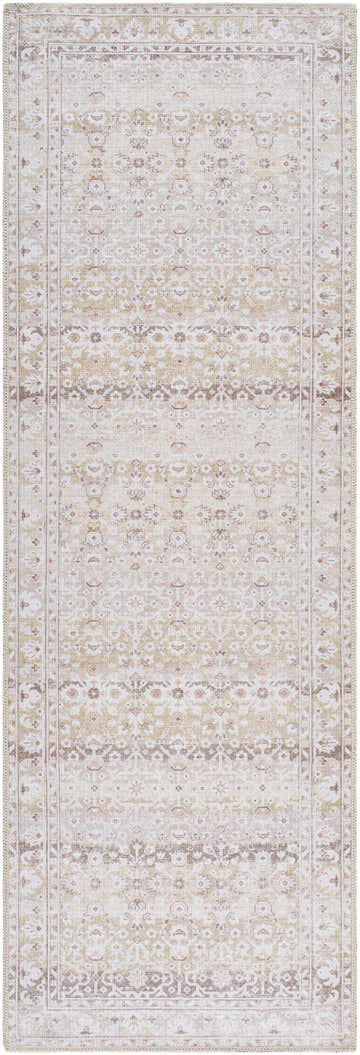 Close-up of Bienna Vintage Flat Pile Washable Rug. Camel, cream, brown, and peach tones with a traditional, detailed pattern. Design-Runner-27710