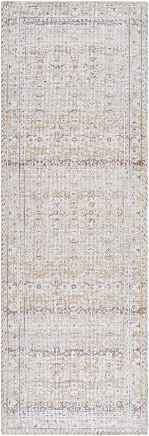 Close-up of Bienna Vintage Flat Pile Washable Rug. Camel, cream, brown, and peach tones with a traditional, detailed pattern. Design-Runner-27710