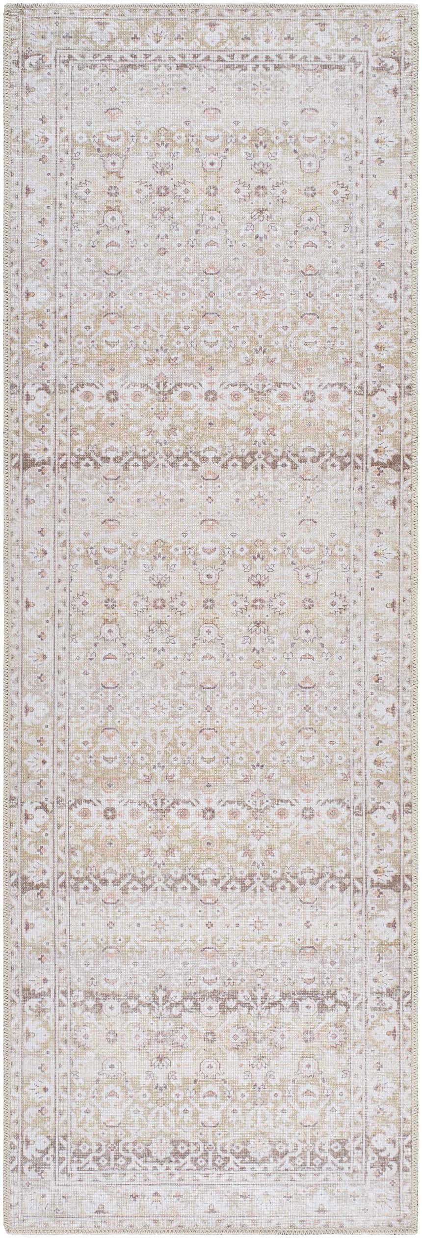 Close-up of Bienna Vintage Flat Pile Washable Rug. Camel, cream, brown, and peach tones with a traditional, detailed pattern. Design-Runner-27710