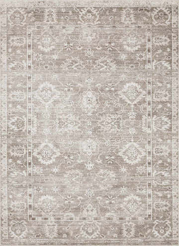 Close-up of the Collins Avenue II Vintage Oushak Area Rug. Machine woven rug in dark red, light gray, medium gray, and tan. Design-Rectangle