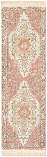 Close-up of the Bohdan Terracotta Area Rug, a hand-loomed runner with a traditional design in terracotta, ivory, and slate blue. Design-Runner-268