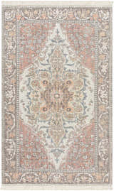 Close-up of the hand-loomed Bohdan Terracotta Area Rug. Features a traditional floral pattern in charcoal, ivory, and terracotta hues. Design-Rectangle-69