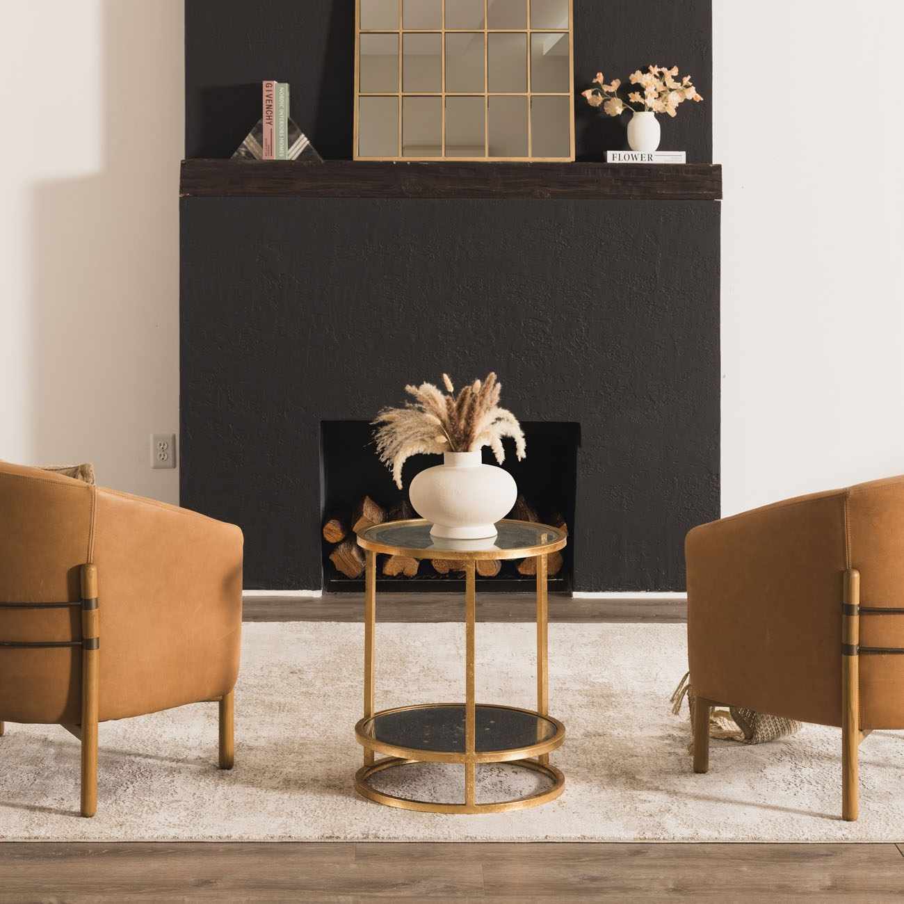 Living room scene with tan armchairs and a Bowdoinham Thick Luxe Boutique Rug in light neutral tones. Roomscene-Rectangle
