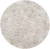 Close-up of the round Breeda Charcoal Area Rug. Features a Southwestern design with cream, ivory, tan, and charcoal colors. Design-Round-53