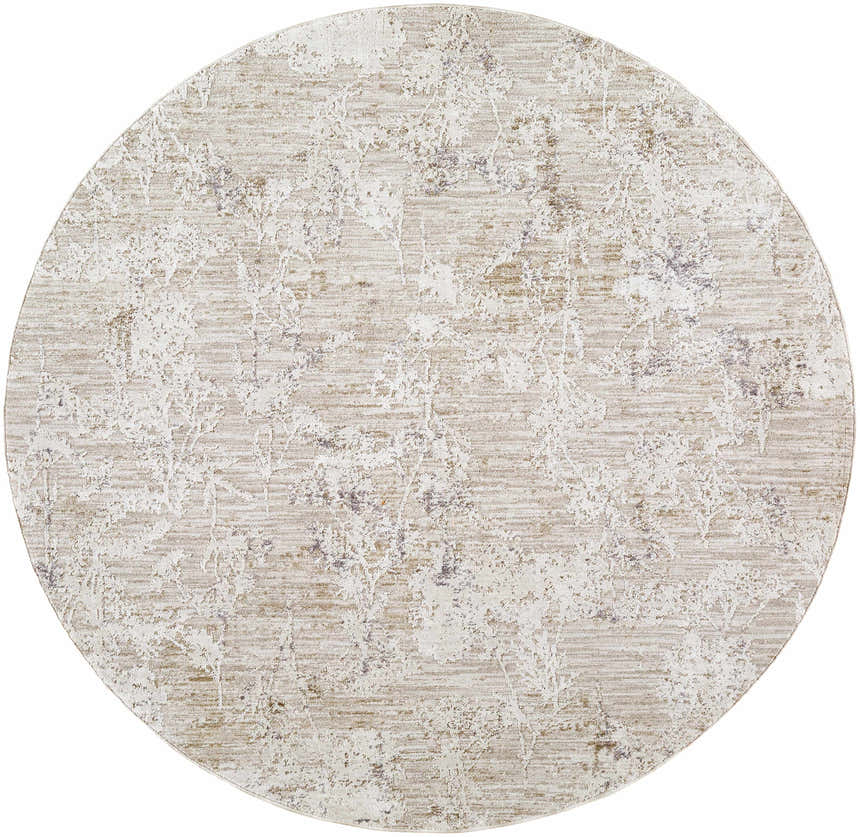Close-up of the round Breeda Charcoal Area Rug. Features a Southwestern design with cream, ivory, tan, and charcoal colors. Design-Round-53