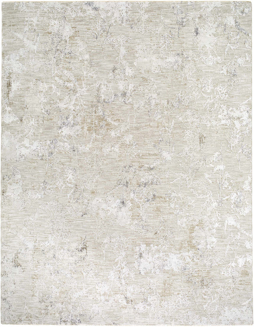 Close-up of the Breeda Charcoal Area Rug, featuring a subtle floral pattern in charcoal, cream, ivory, olive, and tan hues. Design-Rectangle-710102